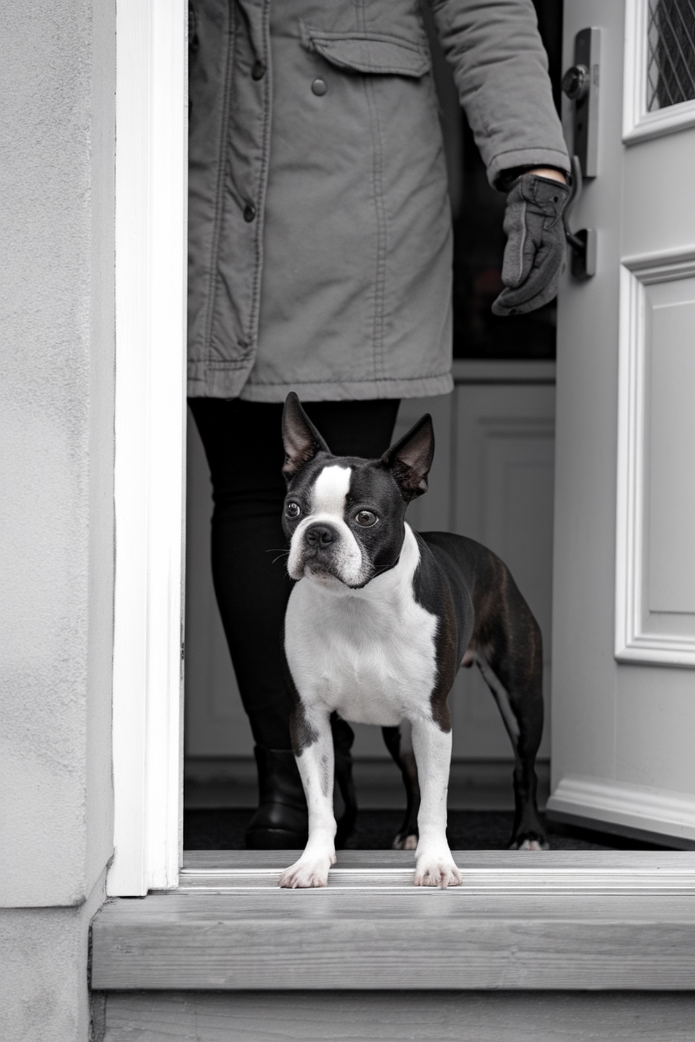 A Boston Terrier standing at the door, looking curious and sociable.