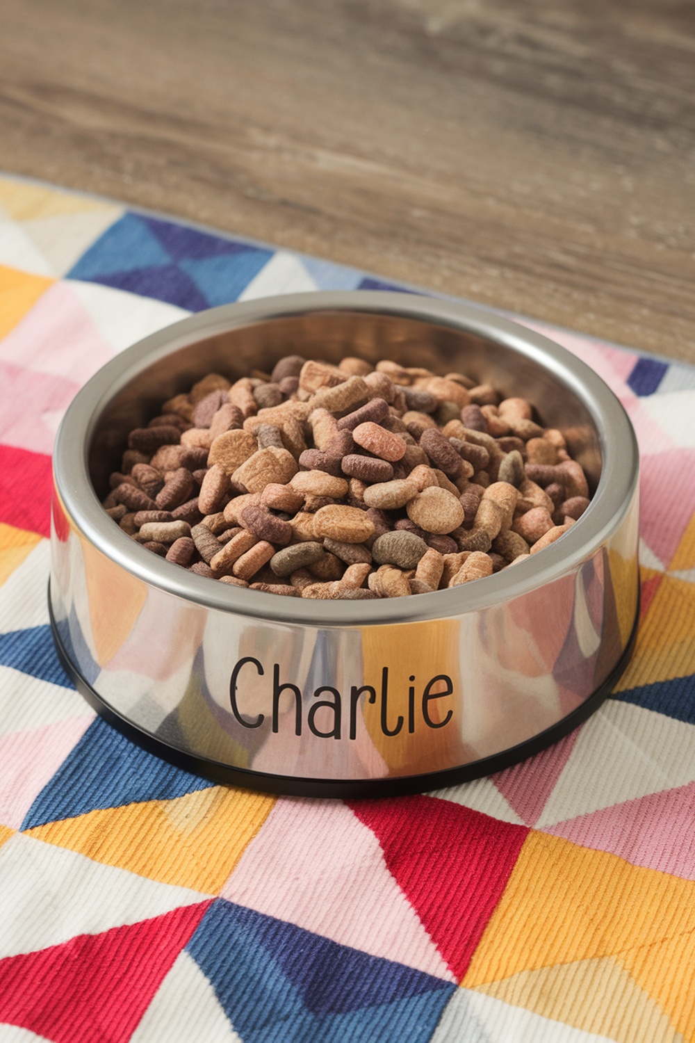 A stainless steel dog bowl filled with kibble, featuring the name 'Charlie' on it, placed on a colorful quilted mat.