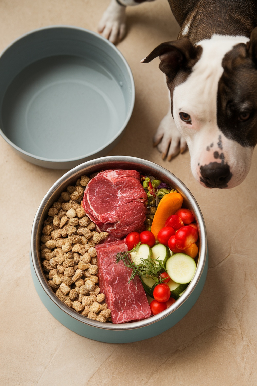 A Staffordshire Bull Terrier looking at a bowl filled with kibble, raw meat, and fresh vegetables.