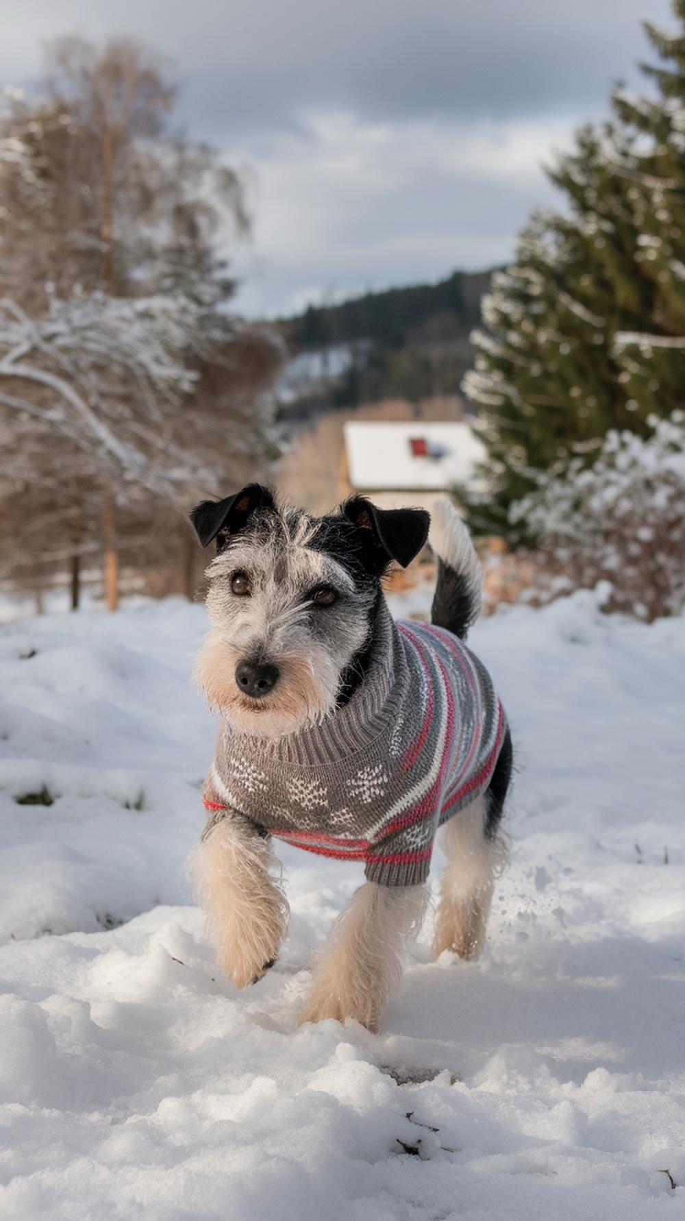 A terrier dog wearing a cozy Christmas sweater with snowflakes, playing in the snow.