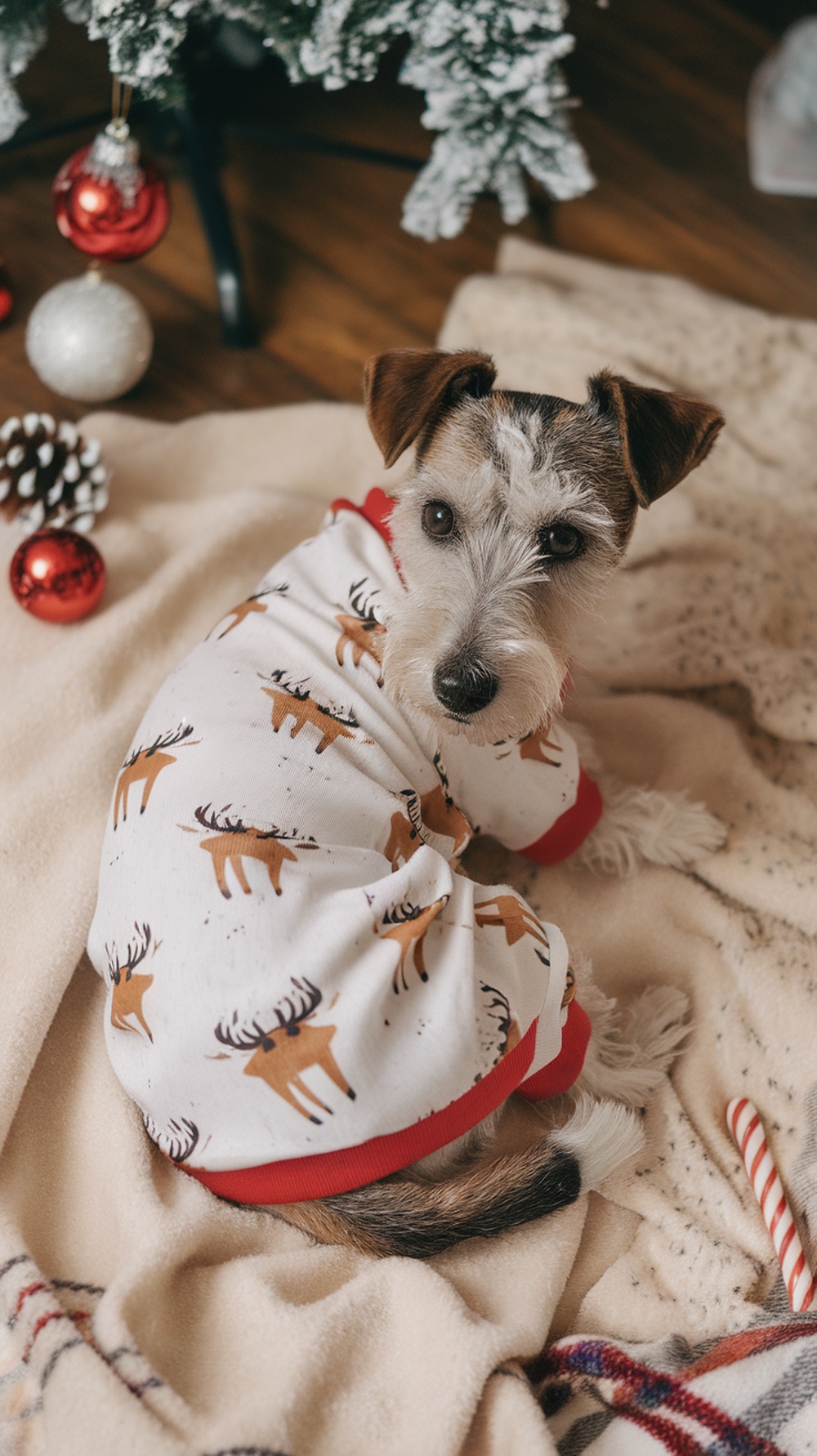 A terrier dog wearing holiday reindeer pajamas, sitting on a blanket with Christmas decorations.