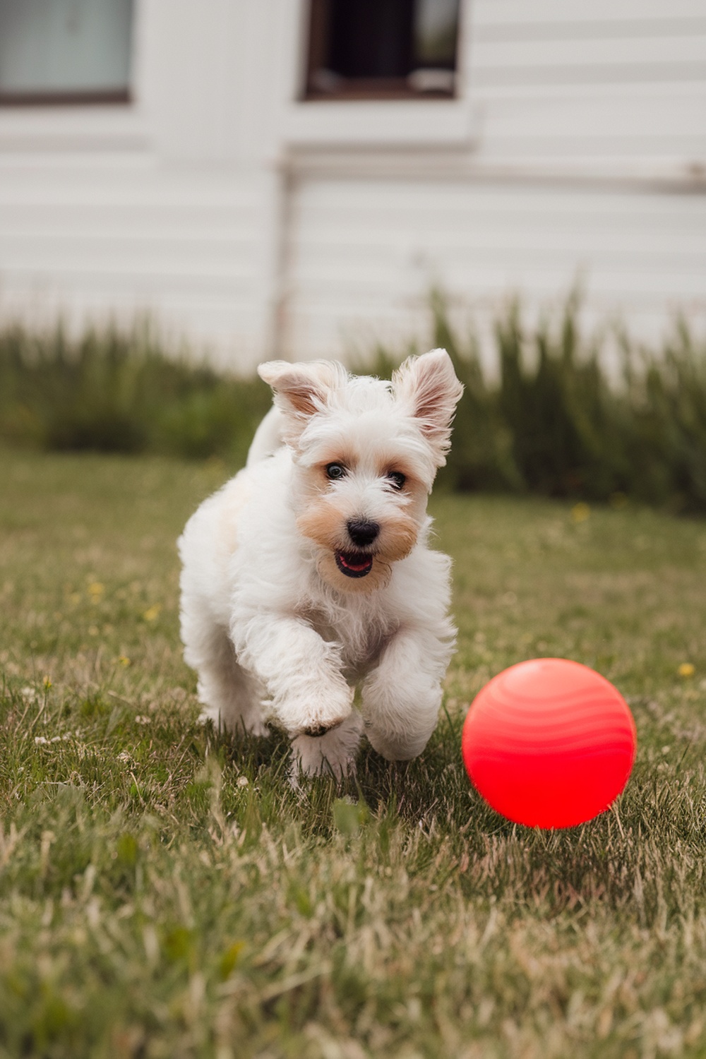 A Westie puppy running towards a red ball on the grass.
