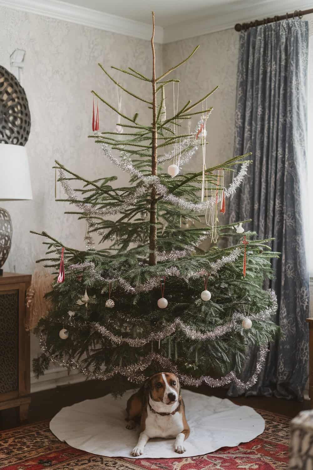 A dog resting under a Christmas tree decorated with safe tinsel alternatives.