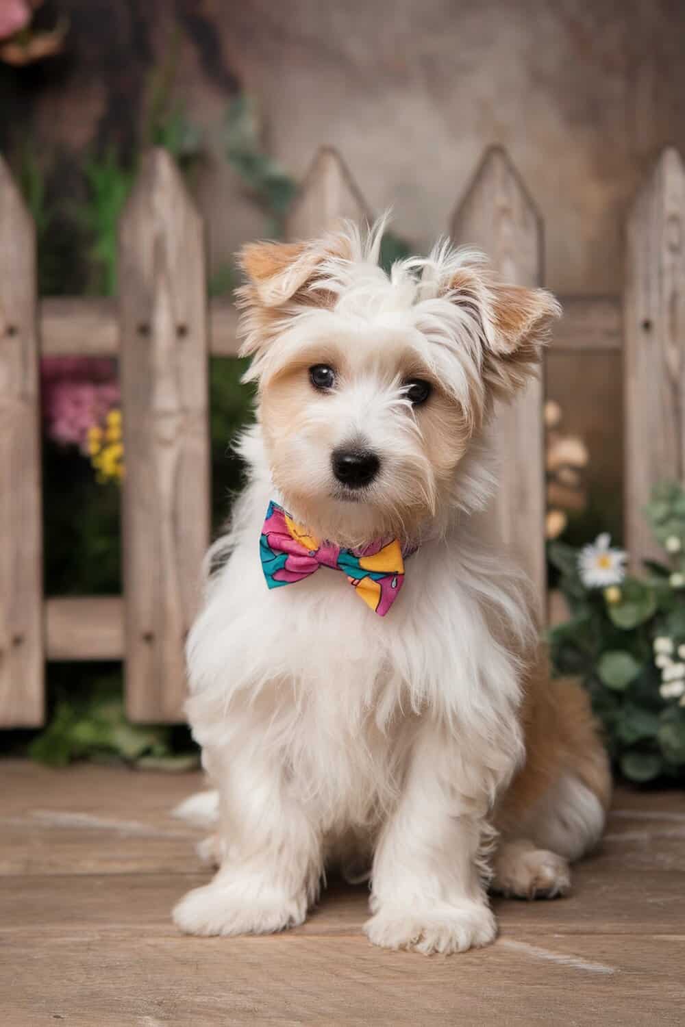 A Westie puppy wearing a colorful bowtie, sitting in front of a wooden fence with flowers.