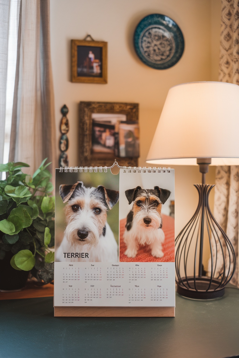 A personalized dog calendar featuring two Terriers, showcasing their cute faces and a monthly calendar layout.