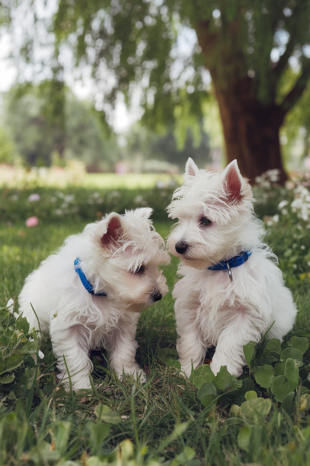 Two adorable Westie puppies sitting in a park, surrounded by grass and flowers.