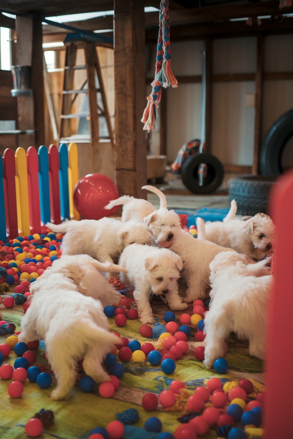 A group of Westie puppies playing in a colorful playpen filled with balls.