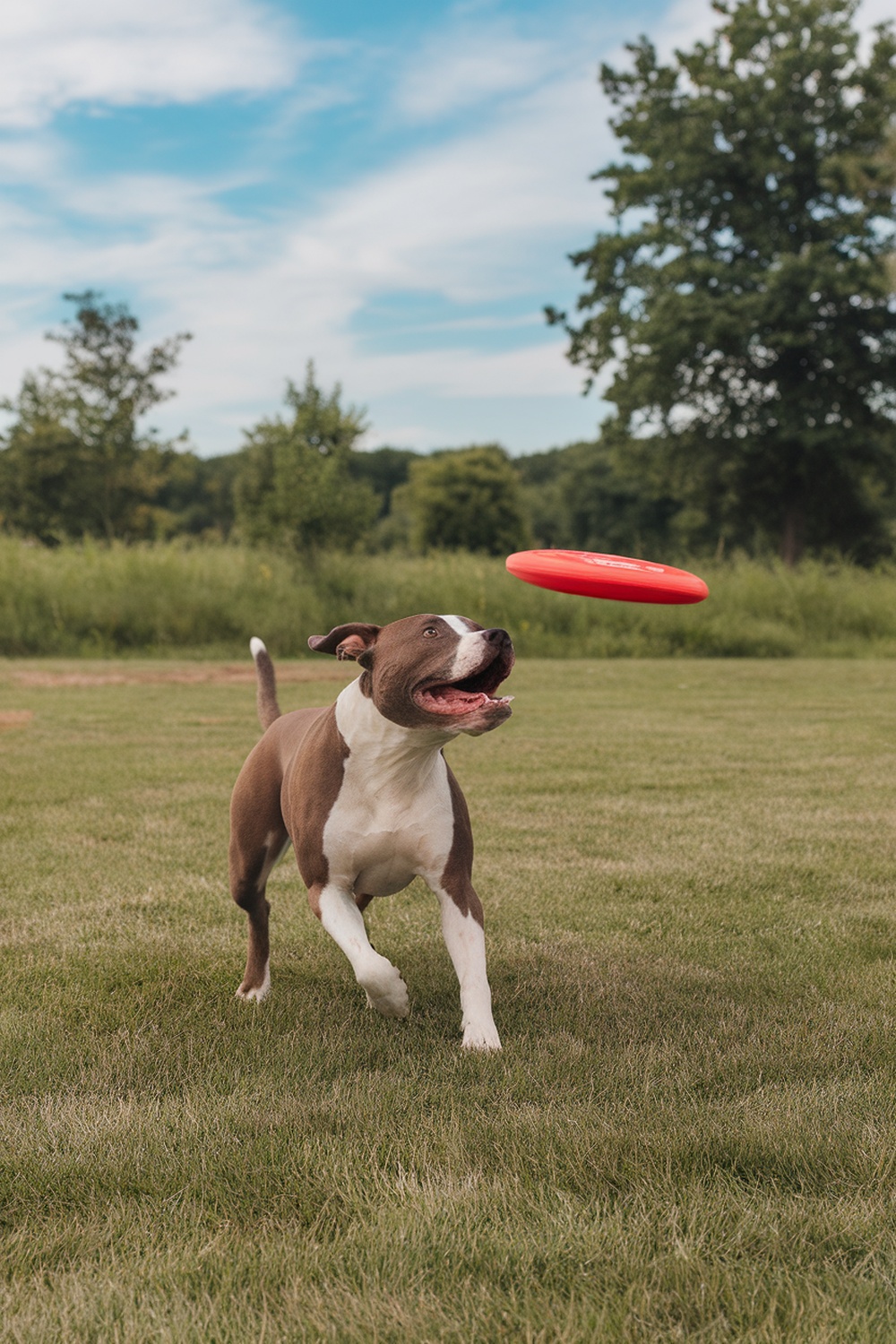 A playful pitbull chasing a frisbee in a grassy field.