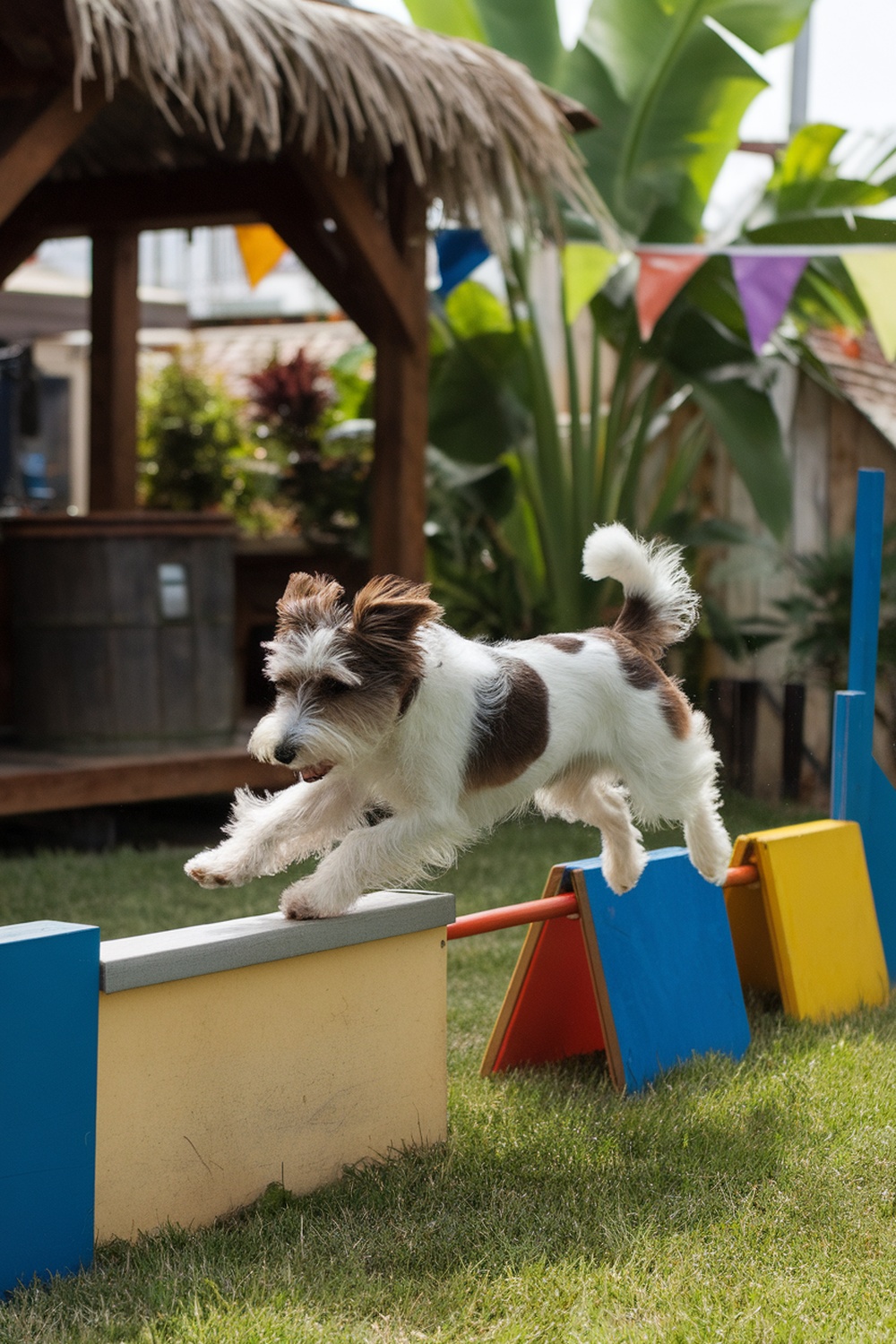 A terrier jumping over an agility hurdle in a backyard setting.