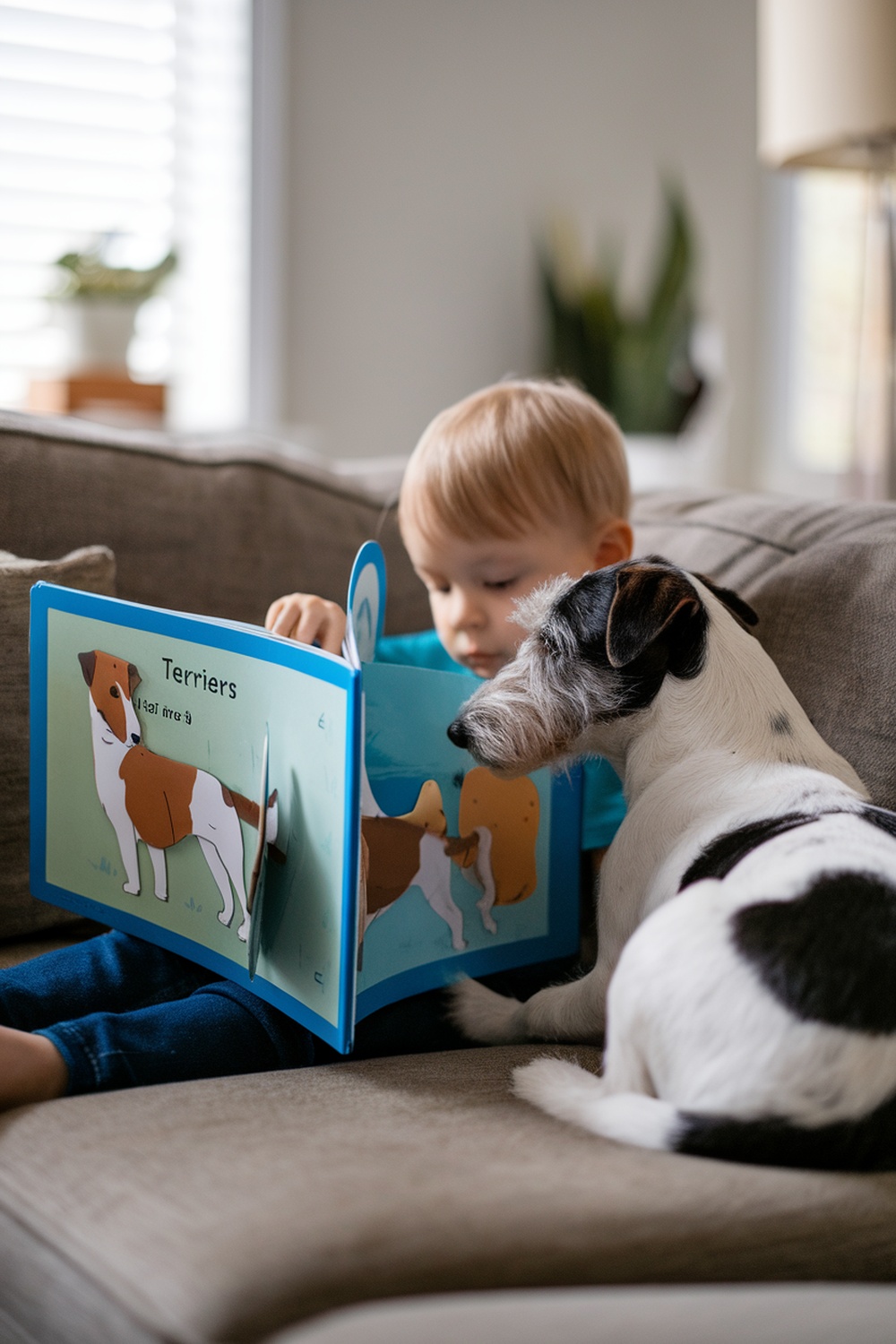 A child reading an interactive storybook about terriers with a dog beside them.