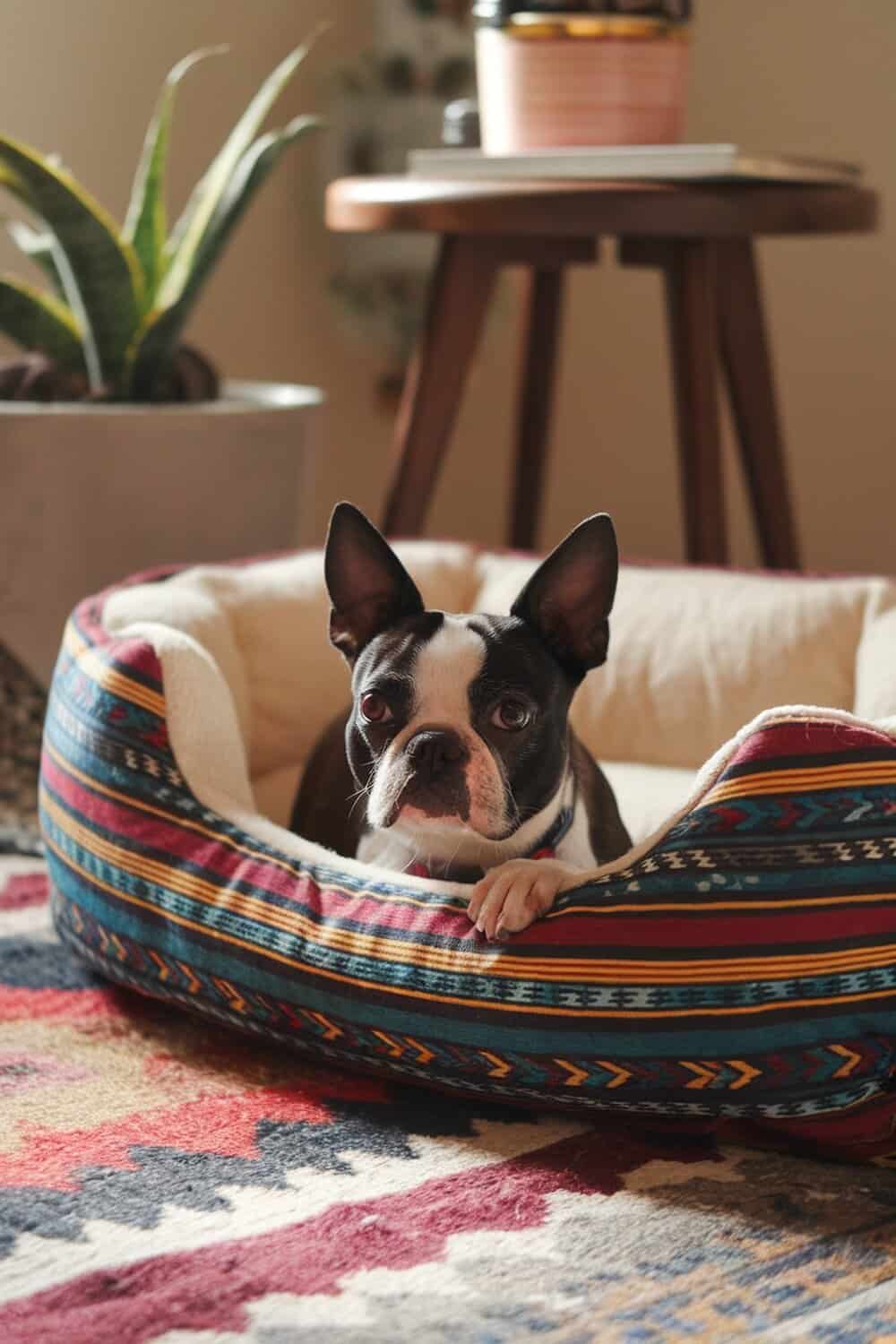 A Boston Terrier mix dog relaxing in a colorful dog bed.