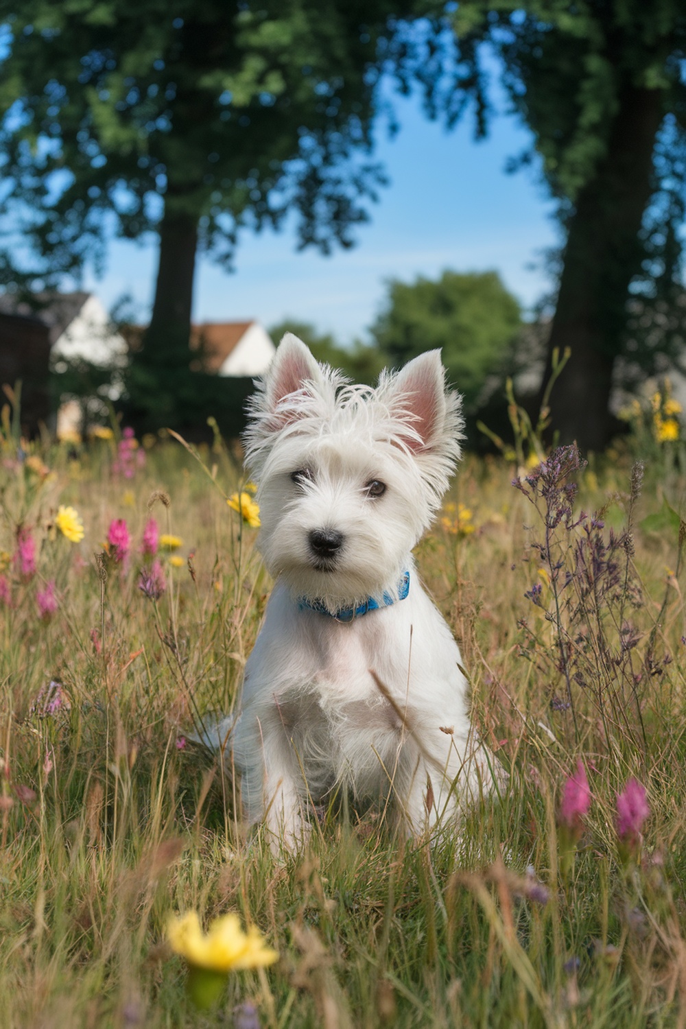A Westie puppy sitting in a flower field with colorful blooms around.