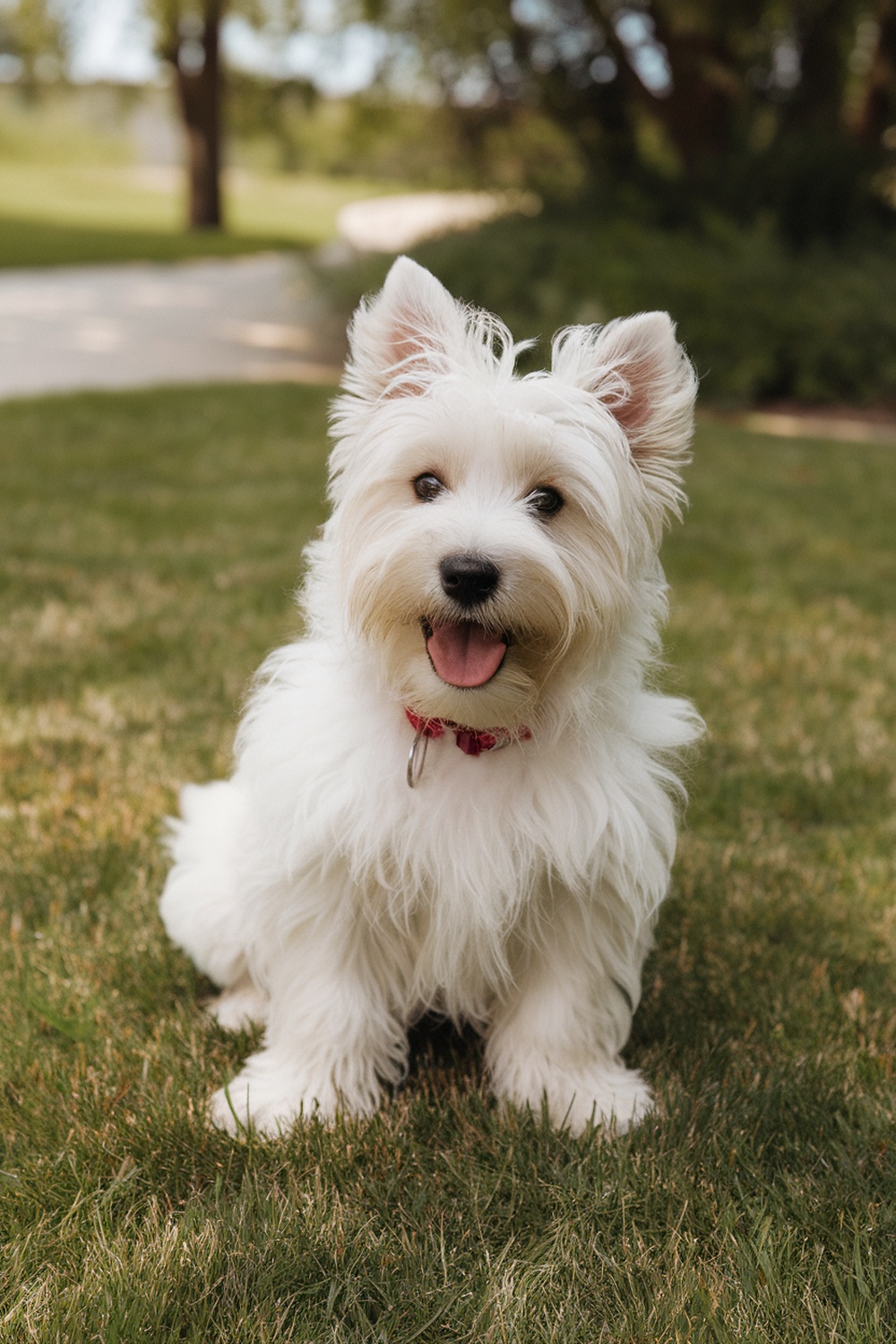A cheerful Westie puppy sitting on grass with a happy expression.