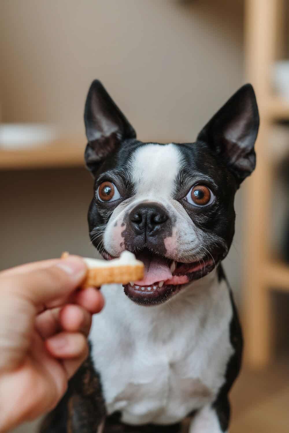 A Boston Terrier eagerly looking at a treat being offered.