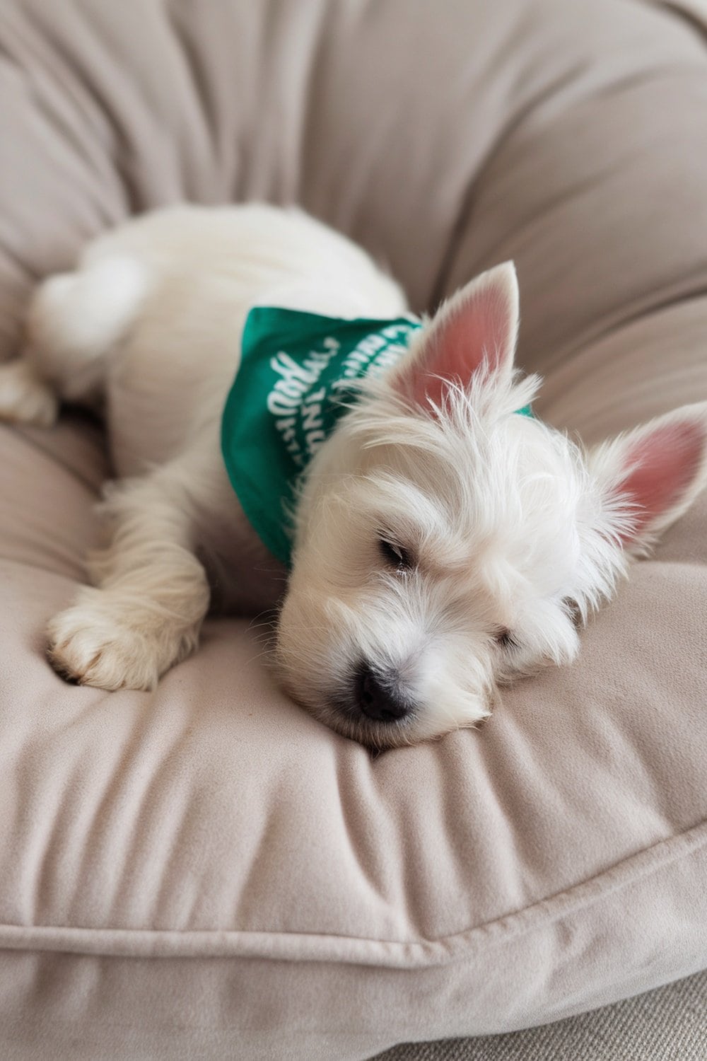 A Westie puppy sleeping on a soft cushion with a green bandana.