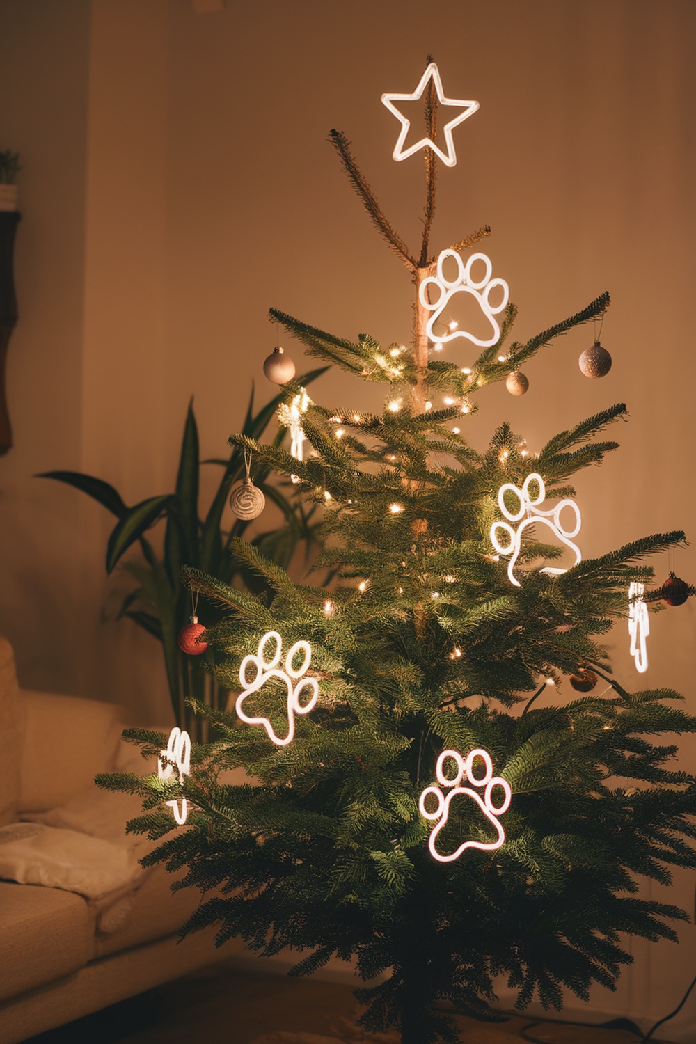 A Christmas tree decorated with paw print lights and ornaments.