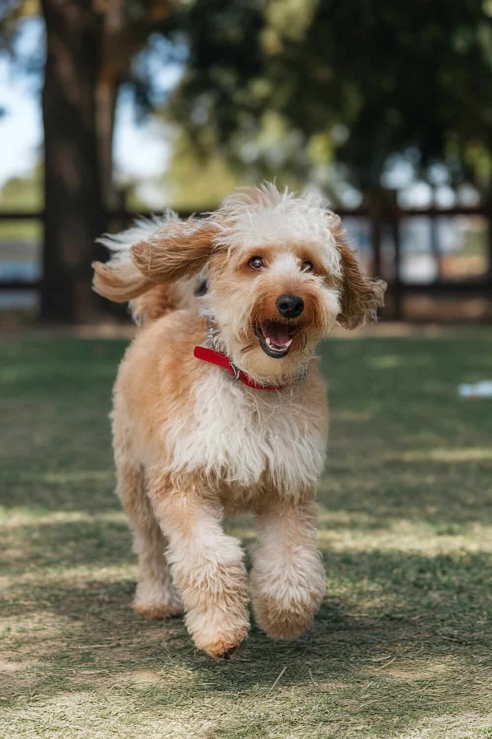 A happy Poodle Terrier mix dog running in a park