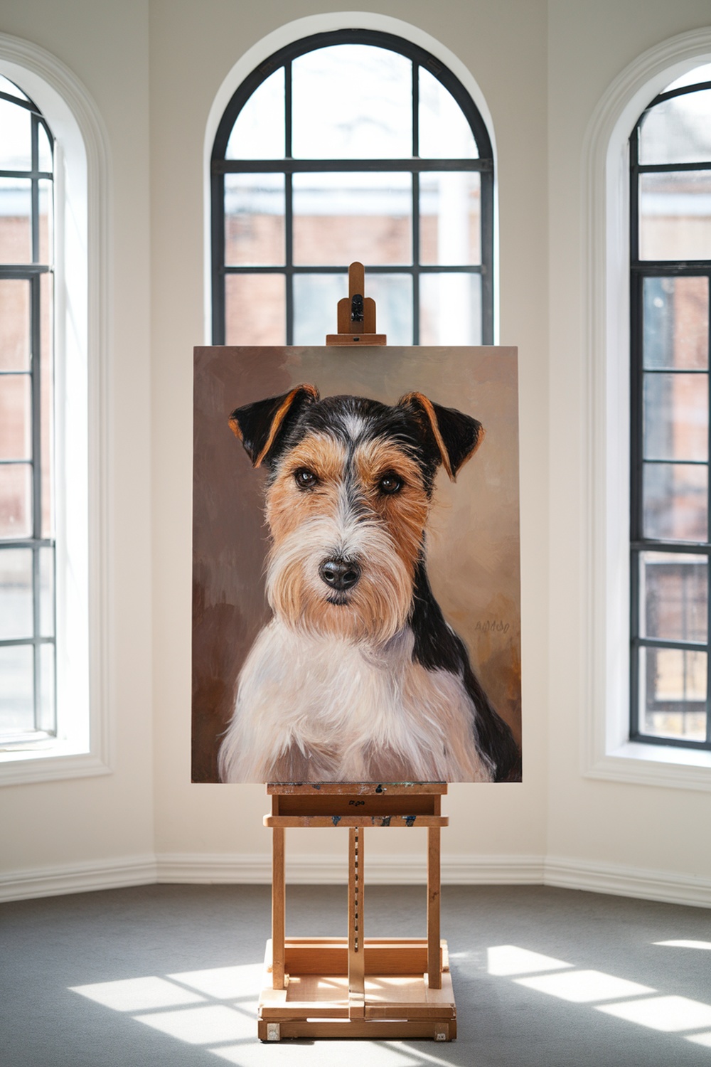 A beautifully painted portrait of a terrier on an easel in a bright room.