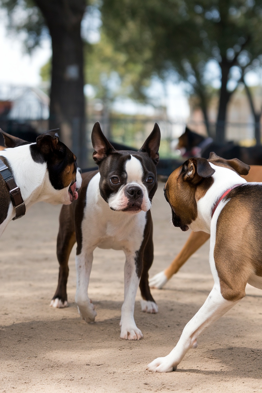 A group of Boston Terriers interacting playfully at a park.