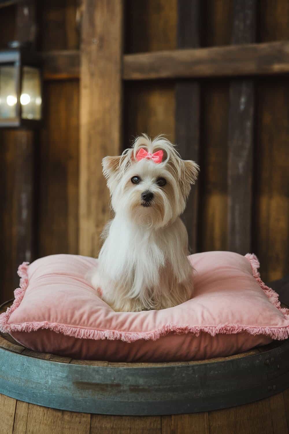 A Maltese Terrier mix dog sitting on a pink cushion with a bow in its hair.