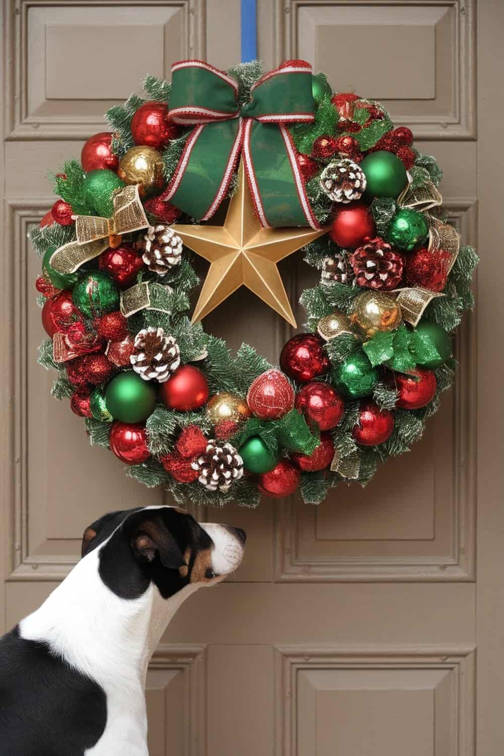 A dog looking at a colorful holiday wreath decorated with ornaments and pinecones.