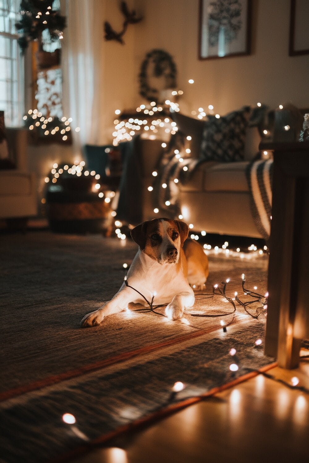 A dog lying on a rug surrounded by twinkling Christmas lights.