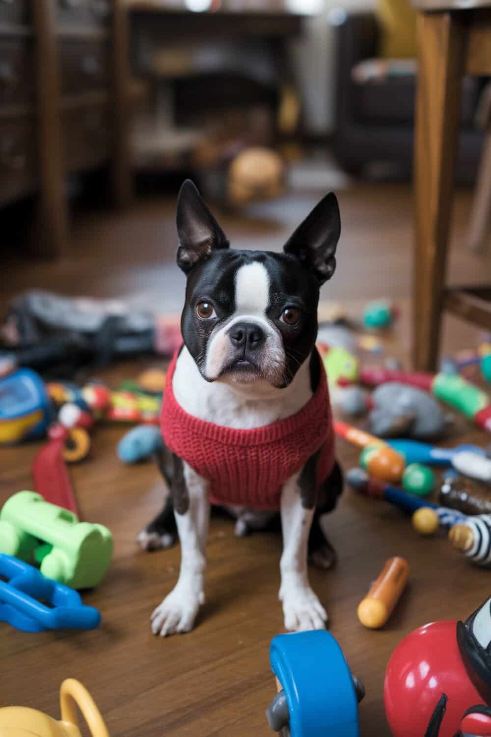 A Boston Terrier wearing a red sweater, sitting amidst a mess of toys, looking innocent.
