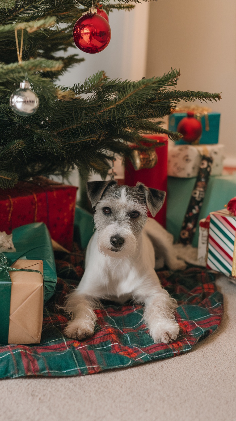 A terrier dog resting on a Christmas tree skirt surrounded by wrapped gifts.