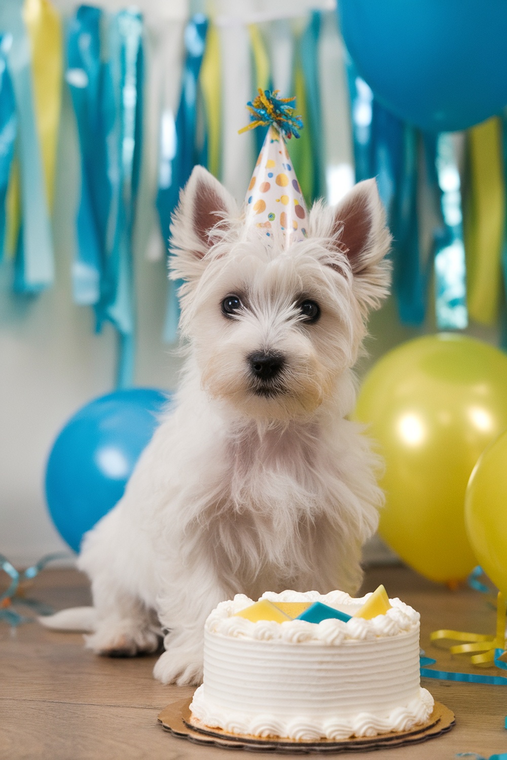 Westie puppy wearing a party hat next to a birthday cake