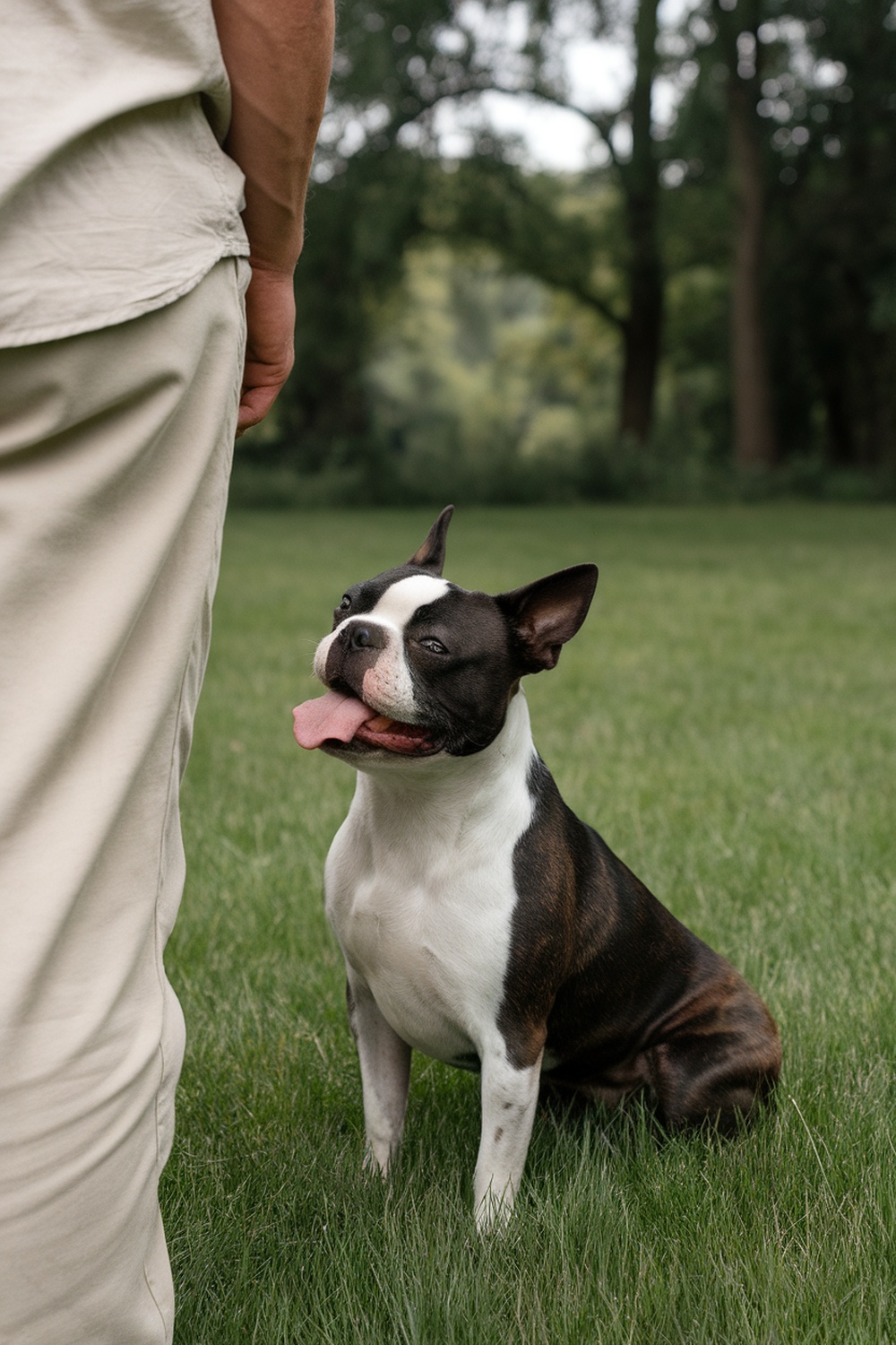 A Boston Terrier sitting happily next to its owner in a grassy field.