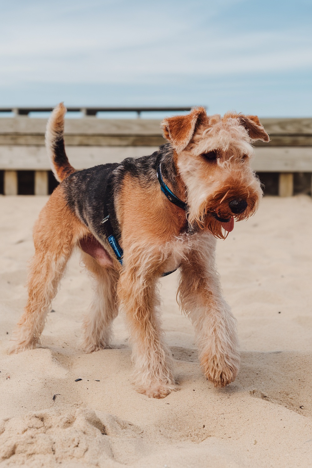 Airedale Terrier walking on the beach with a playful expression