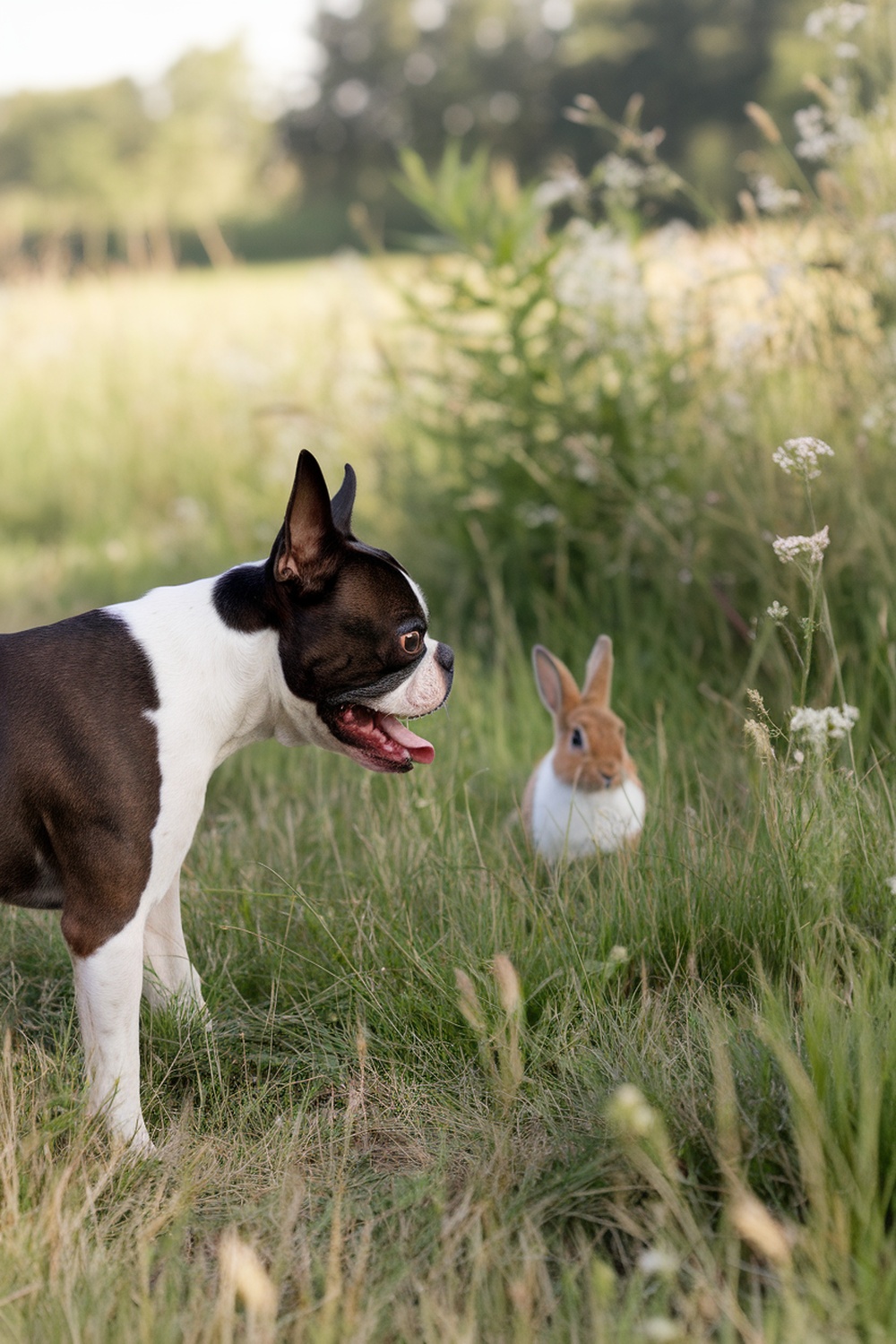 A Boston Terrier looking at a small rabbit in a grassy field.