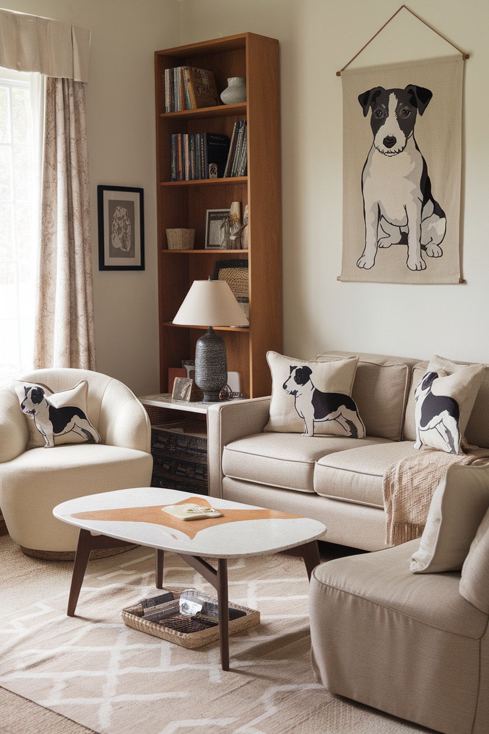 A cozy living room featuring terrier-themed decor, including pillows and wall art.