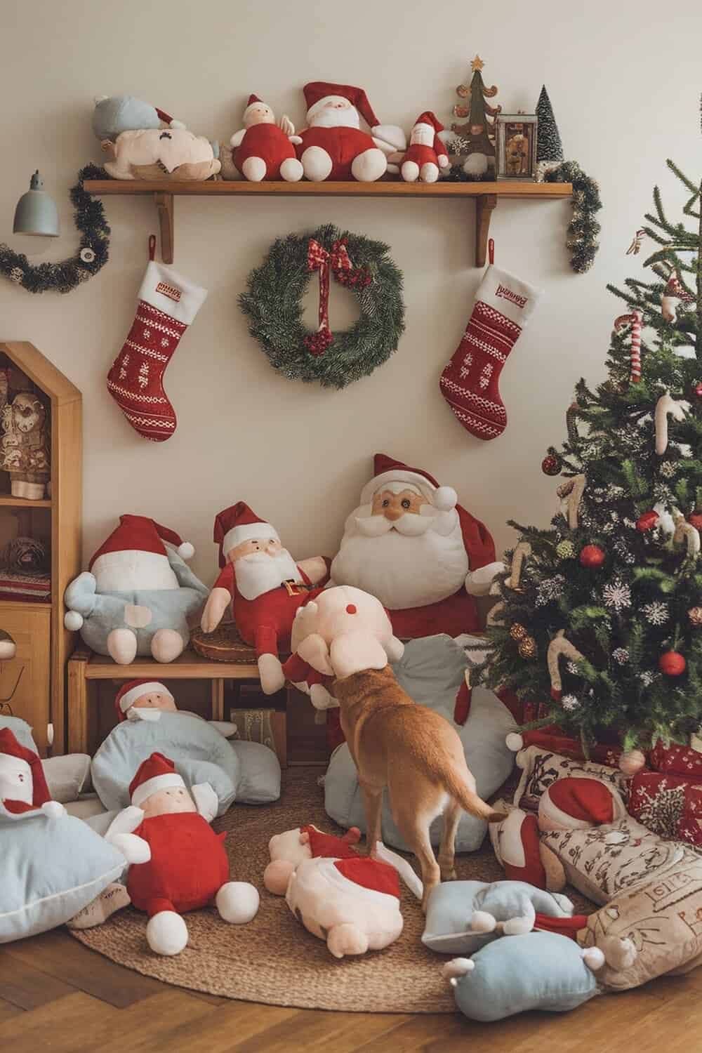 A cozy Christmas scene with plush decorations and a dog exploring.