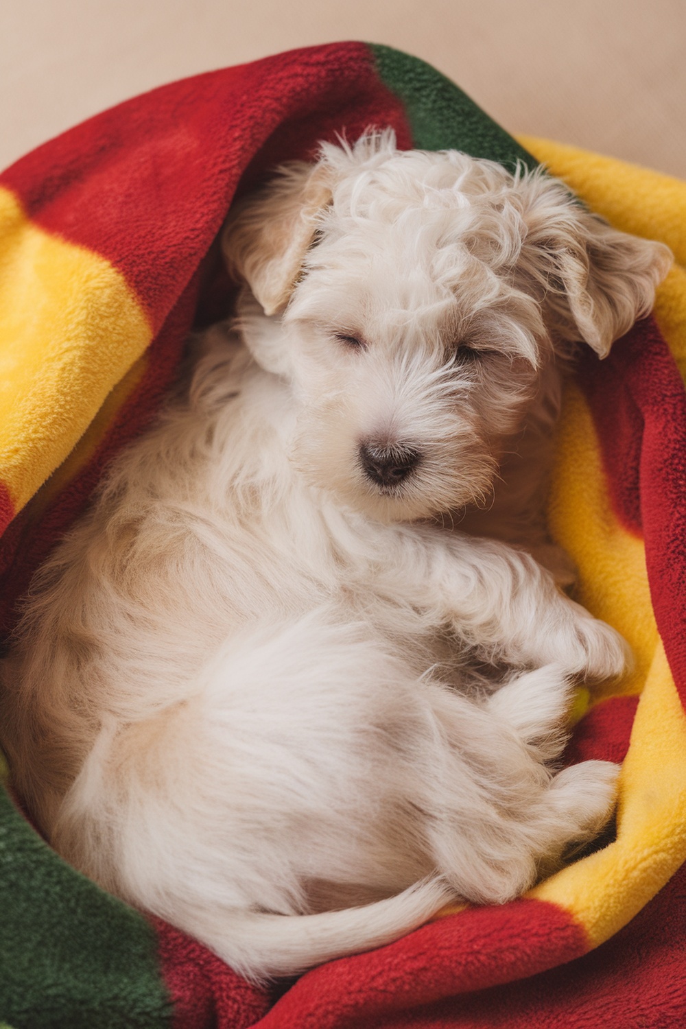 A Westie puppy sleeping peacefully in a colorful blanket.