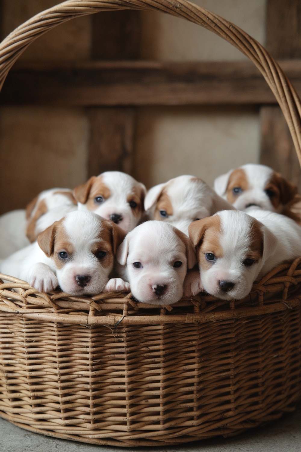 A group of Westie puppies resting in a wicker basket, showcasing their cute faces and fluffy fur.