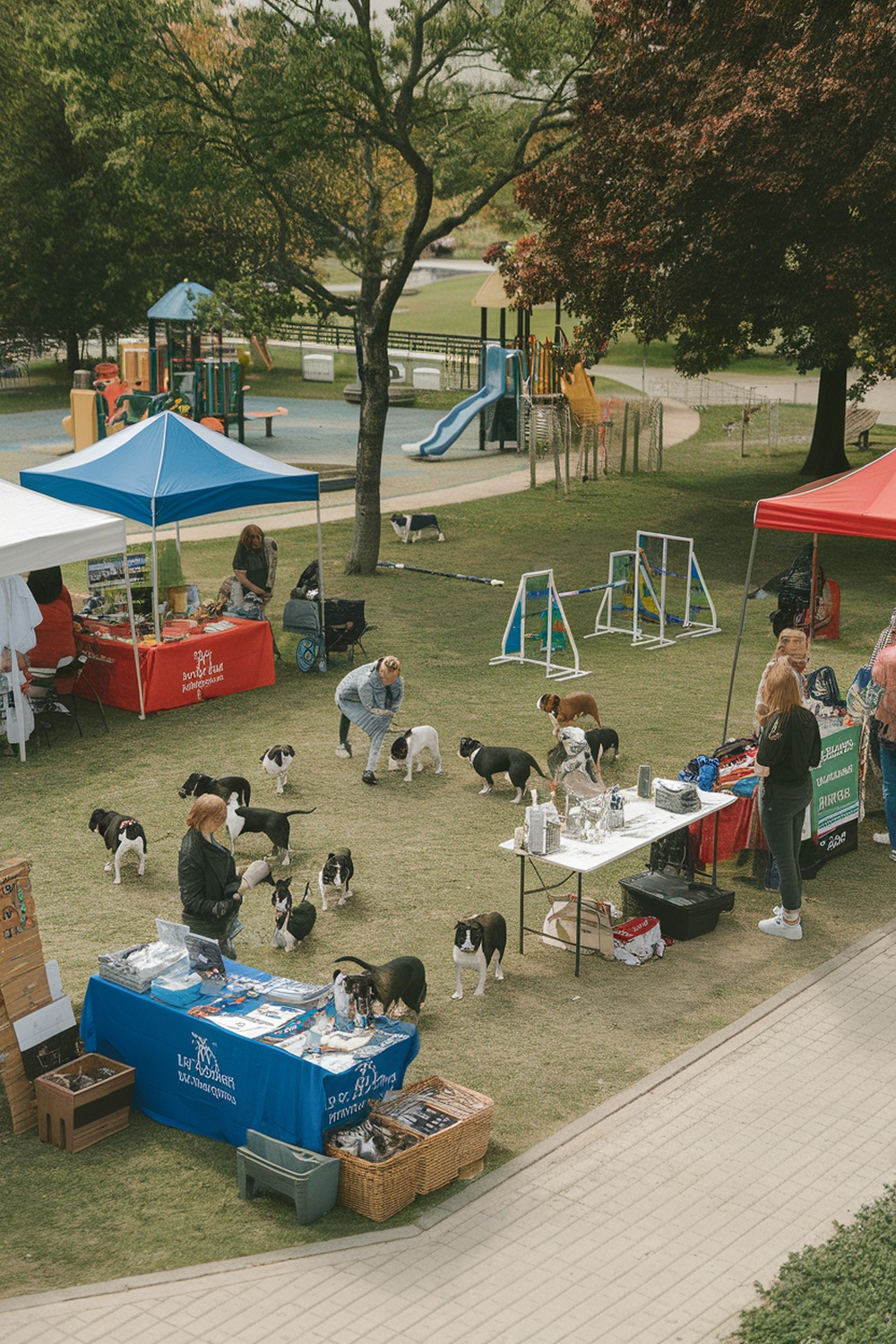 A community event with Staffordshire Bull Terriers and their owners in a park setting.