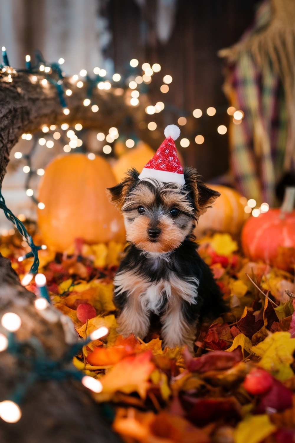 Yorkie Poo puppy wearing a festive holiday hat surrounded by autumn leaves and lights.