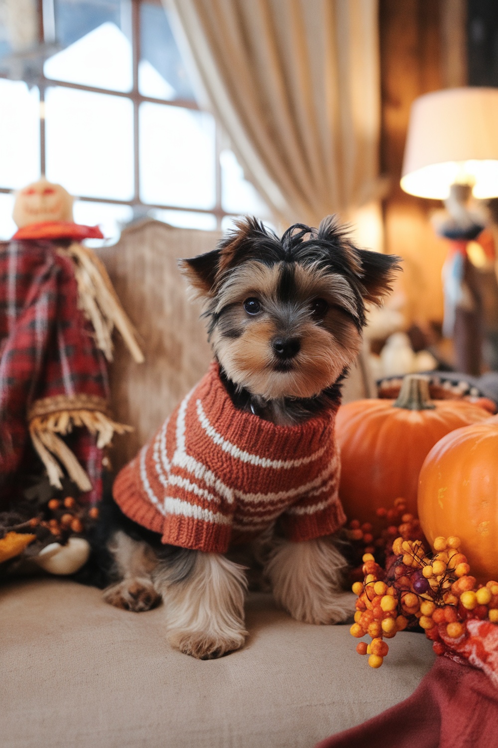 A Yorkie Poo puppy wearing a cozy autumn sweater, surrounded by pumpkins and fall decorations.