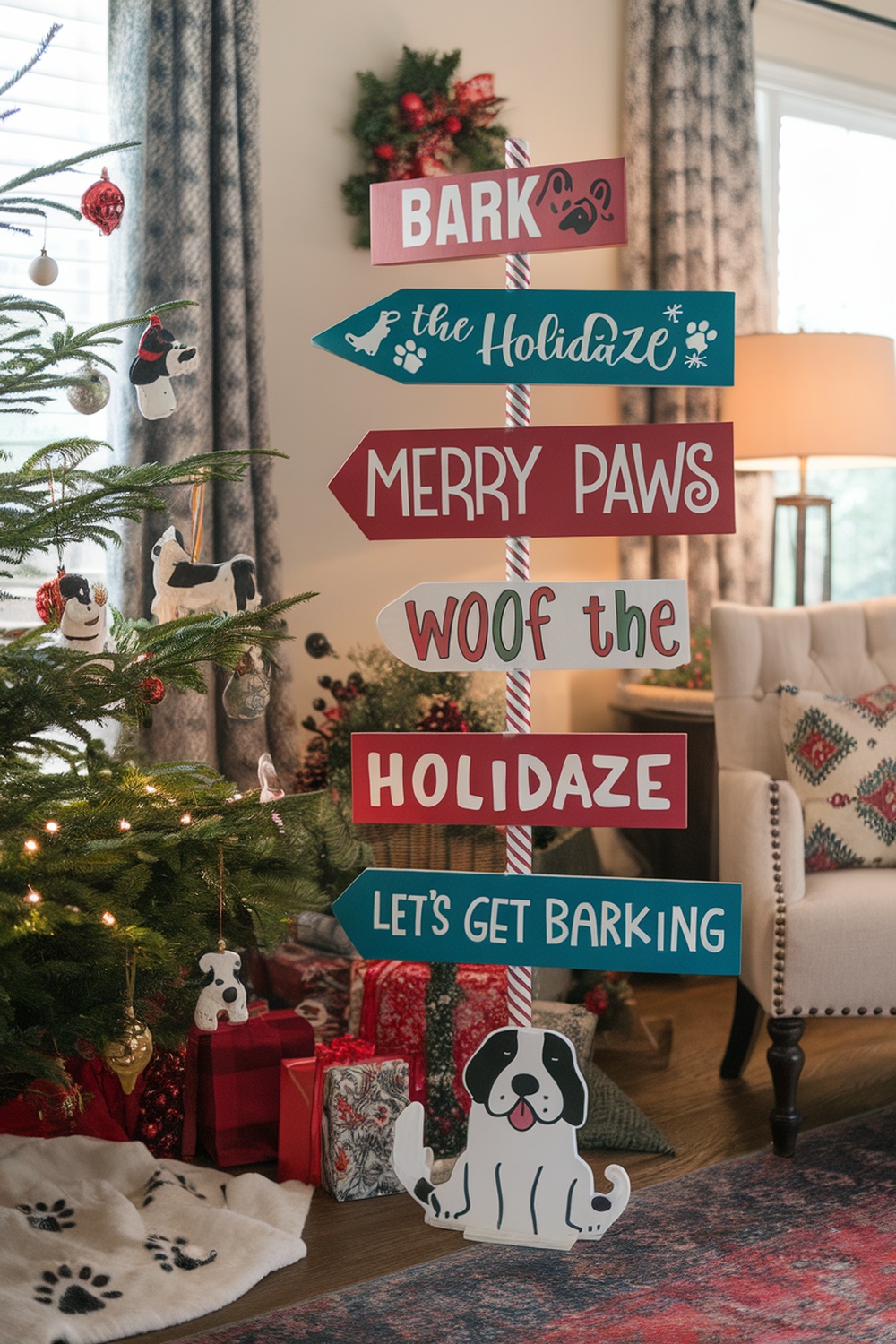 Colorful dog-themed holiday greeting signs with phrases like 'Bark the Holidaze' and 'Merry Paws' displayed near a Christmas tree.