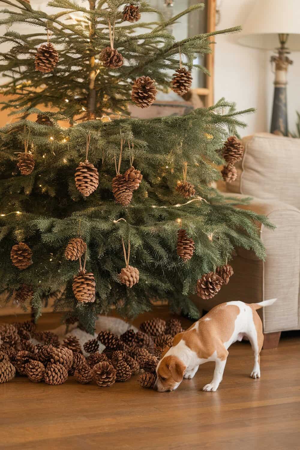 A dog sniffing around pinecone decorations under a Christmas tree.