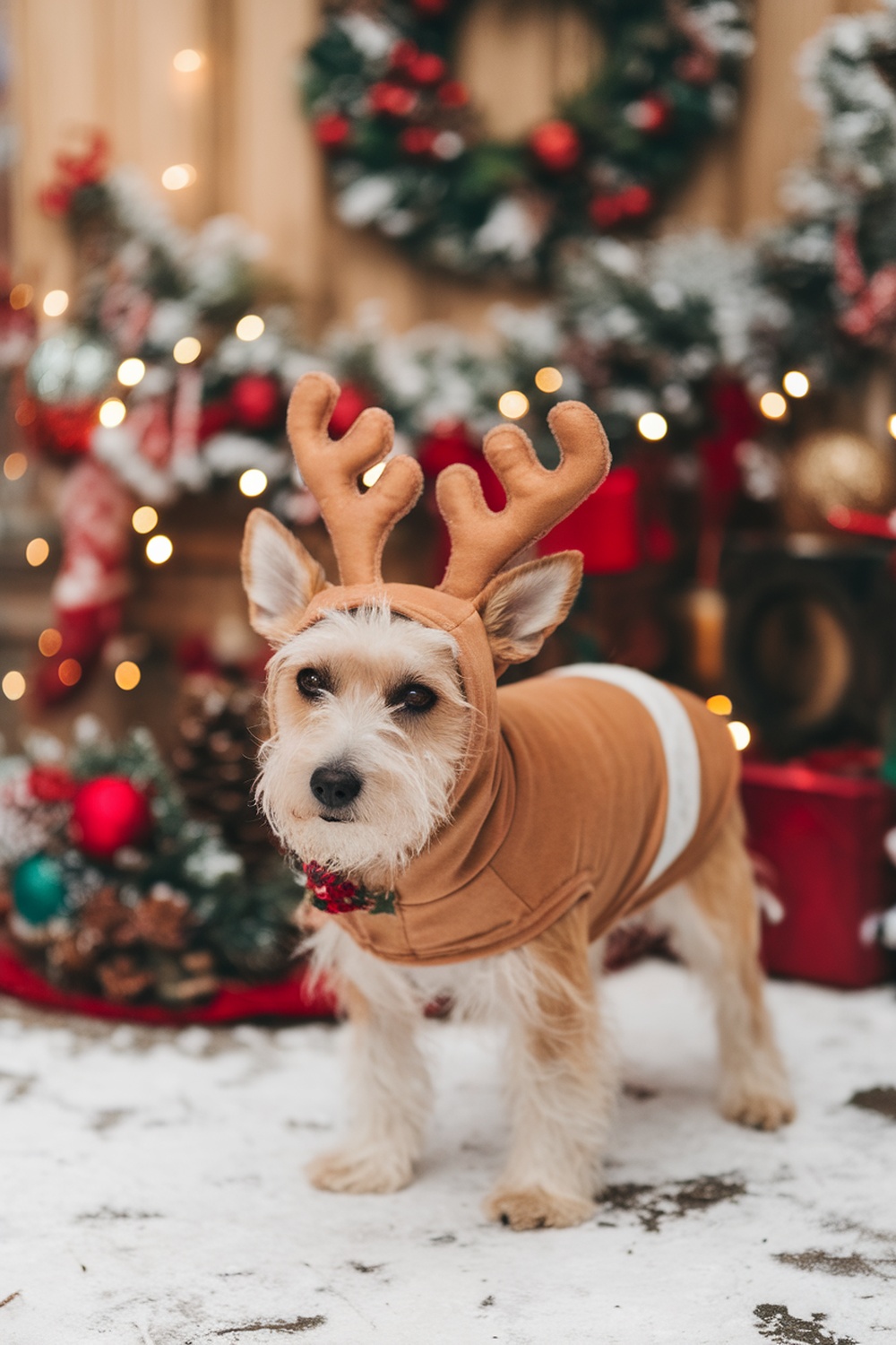 A Terrier in a reindeer costume with antlers, surrounded by festive decorations.
