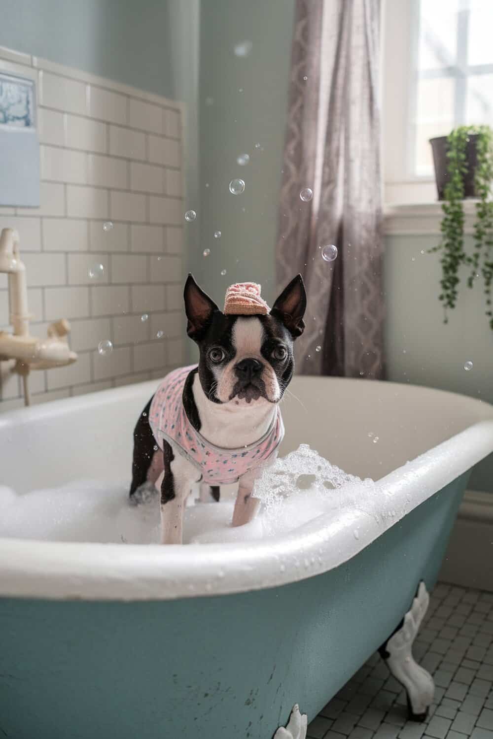 A Boston Terrier in a bubble bath wearing a pink outfit and a small hat.