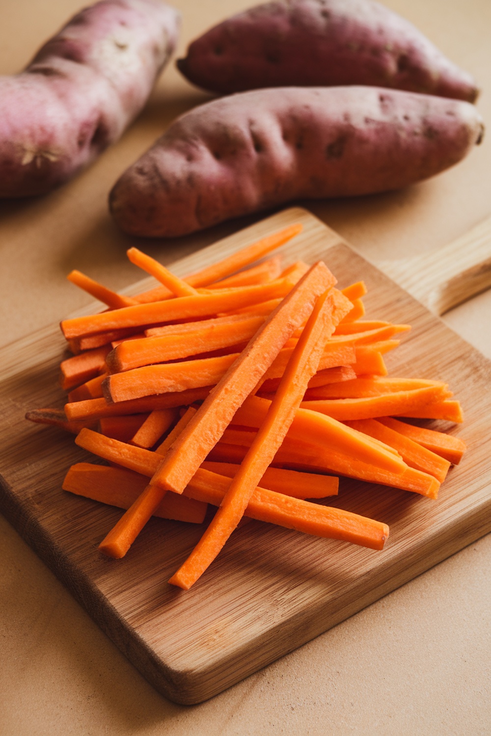 Freshly cut sweet potato chews on a wooden board with whole sweet potatoes in the background.