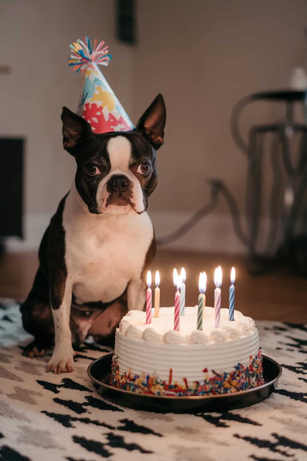 A Boston Terrier wearing a party hat sits beside a birthday cake with candles.