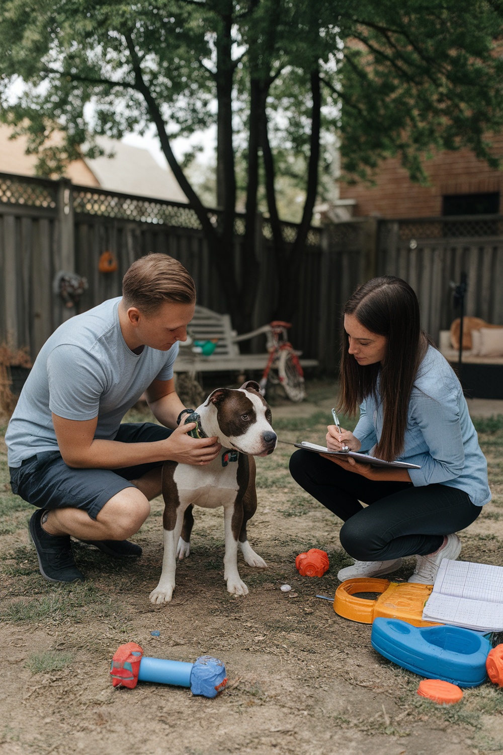 A couple interacting with a Pitbull in a backyard setting.