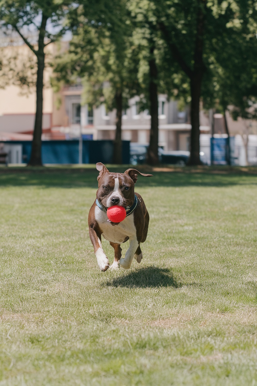 A Staffordshire Bull Terrier running in a park with a red ball.