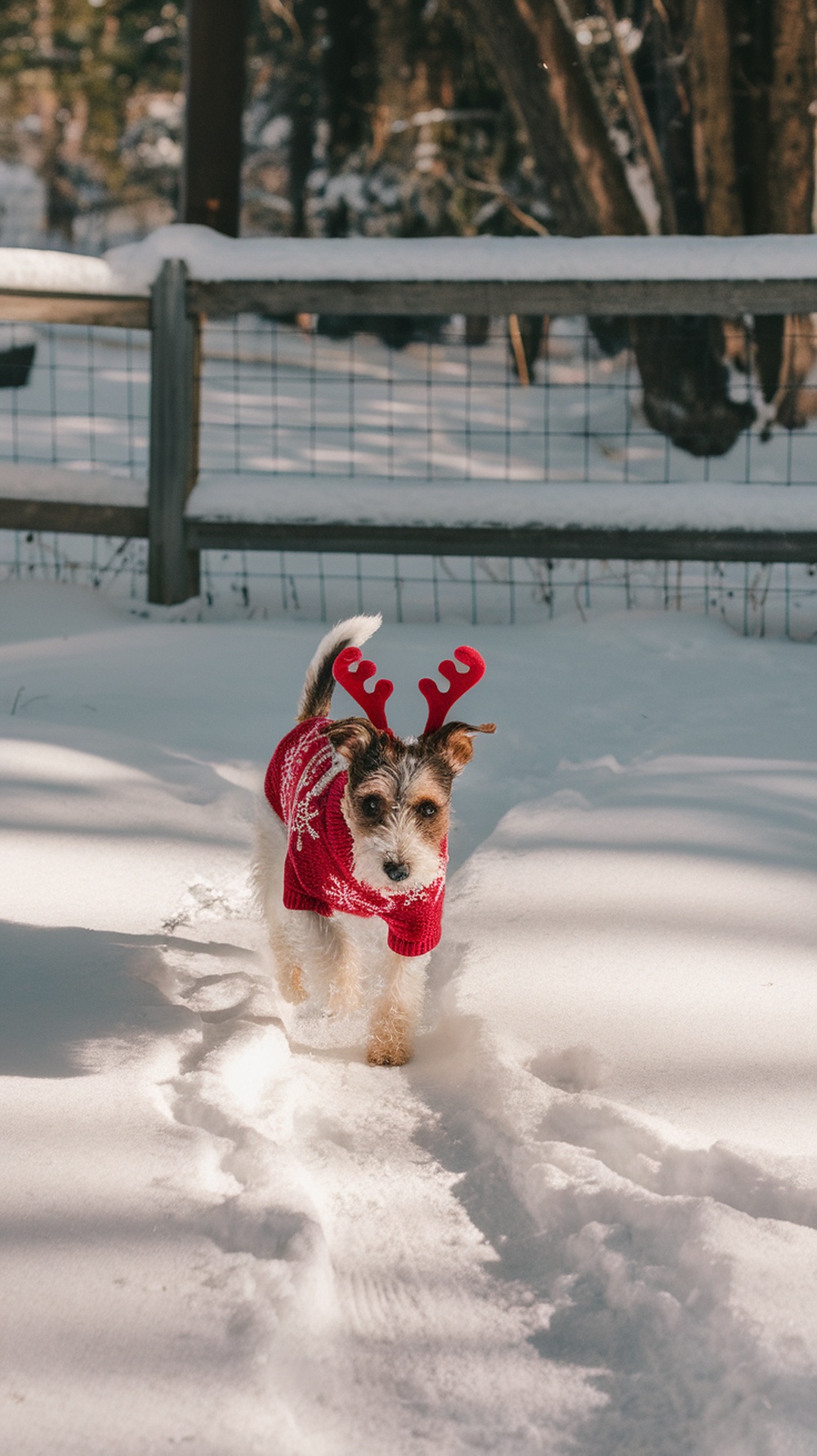 A terrier dog wearing a red holiday reindeer sweater with antlers, walking in the snow.