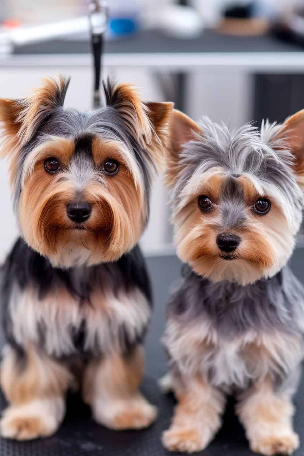 Two Yorkies, one male and one female, showcasing their distinct coats.