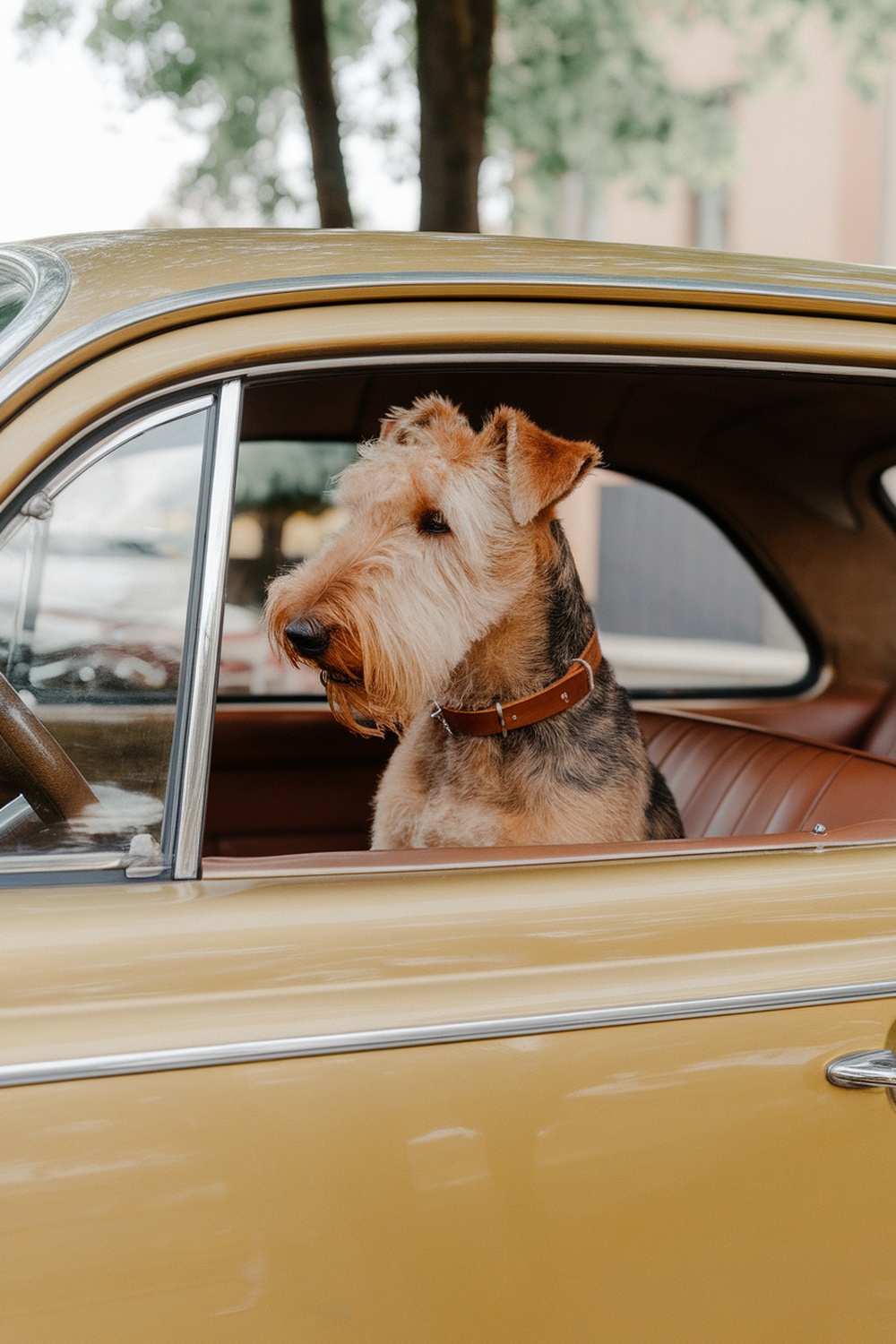 Airedale Terrier sitting in a vintage car, showcasing a retro style.